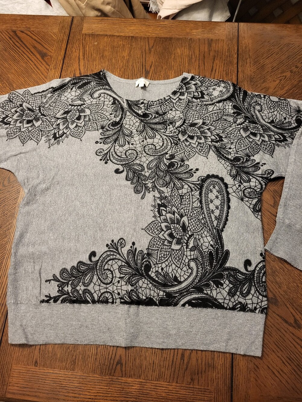 Laura Grey Sweater with Black Floral Lace/Paisley Print